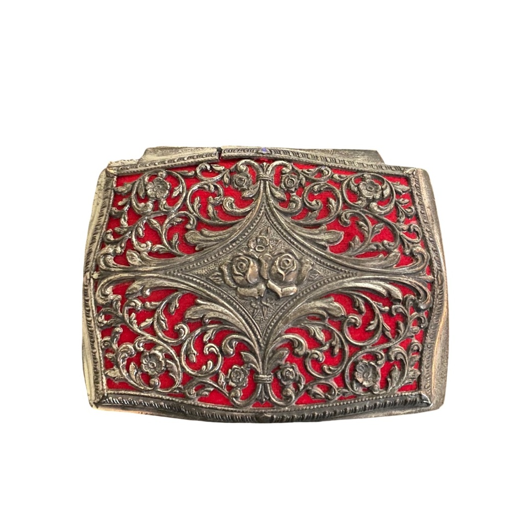 Vintage Pedestal Trinket Box Silver Red Metal Ring Hinged Jewelry Vanity Display